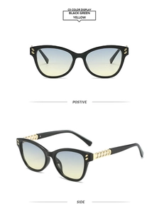 Detailed view of cat eye sunglasses with yellow-blue gradient lenses and gold chain temples