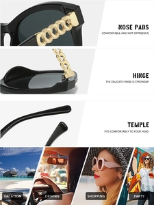Detail of square cat-eye sunglasses with gold chain hinges and integrated nose pads