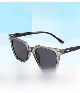 Detail view of square frame sunglasses with transparent grey finish and metal rivets