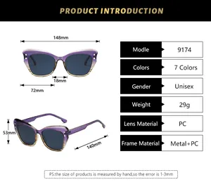 Size chart for cat-eye sunglasses with detailed dimensions and Y2K fashion specifications