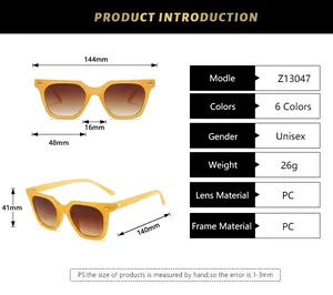 Detailed sizing chart and specifications for vintage square frame sunglasses model Z13047