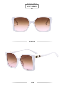 White square oversized sunglasses with brown-pink gradient lenses shown in front and side views