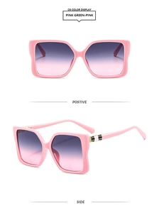 Detail view showing front and side of pink gradient square oversized sunglasses with gold accents