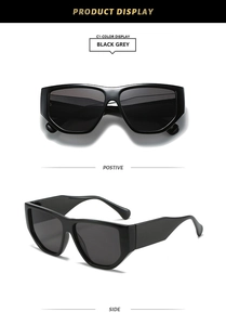 Detail showing front and side views of chunky black square frame fashion sunglasses