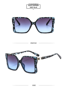 Detail view of square leopard print sunglasses with gradient lenses in front and side views