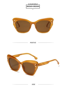 Detail view of brown tortoiseshell cat-eye sunglasses with dual silver rivets on the frame