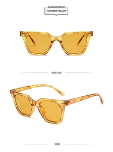Detail view of square amber sunglasses with metal rivets and yellow transparent frames