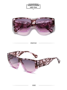 Detail view of purple flower marble pattern square frames with grey pink gradient lenses