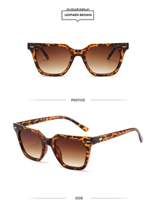 Detail view of leopard brown square sunglasses with gradient lenses and rice nail rivets