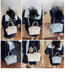 Collage of chic pleated tote bag in cream and light blue showing various carrying styles