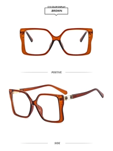 Brown oversized square eyeglass frames with decorative metal hollow detail on the side