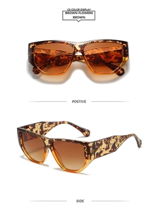 Detail view of bold brown tortoiseshell sunglasses with wide temples and dark lenses