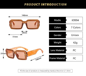 Detailed size chart for square sunglasses with frame width and lens height dimensions