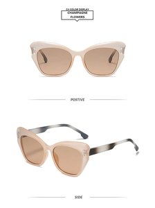 Detail view of champagne cat-eye sunglasses with metal rivets on a white background