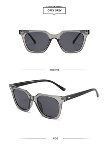 Detail of square vintage sunglasses in grey frames with C5 color code and metal hinges