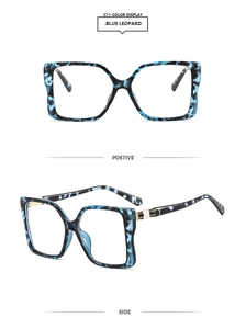 Detailed views of stylish oversized square blue leopard print fashion eyewear frames
