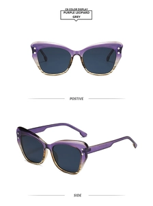 Macro view of purple leopard gradient cat eye frame with metal rivets and grey lenses