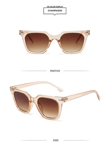 Front and side view of champagne translucent square frame sunglasses with gradient lenses
