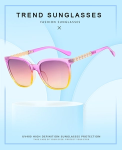 Detail view of fashion square sunglasses with pearl temples and UV400 gradient lenses