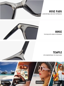 Detailed views of square frame sunglasses with integrated nose pads and usage scenarios