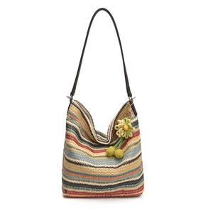 Borsa tote in paglia a righe colorate con tracolla nera e ciondolo a fiore estiva