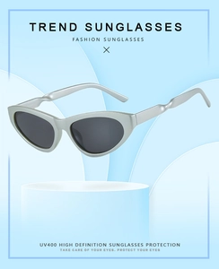 Detail of silver cat-eye sunglasses with twisted temples on blue aesthetic display stand