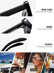 Detail of ergonomic nose pads, sturdy metal hinges and temple arms on black sunglasses