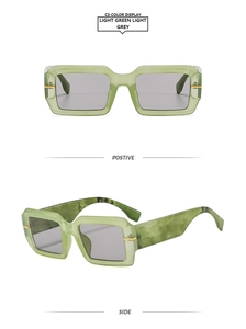 Square light green frame sunglasses with grey lenses and marble pattern temples