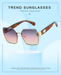 Detail of square gradient lenses and leopard print temples on chic metal sunglasses