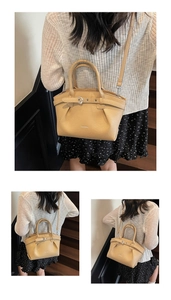 Detailed macro view of the beige lychee pattern leather and metallic buckle on the handbag