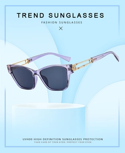 Detail view of purple semi-transparent square frames with golden hollowed metal temples