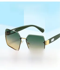 Detailed close-up of square semi-rimless sunglasses with green gradient lenses and gold metal