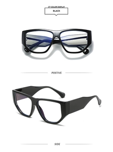 Detailed front and side views of chunky black square frame sunglasses with wide temples