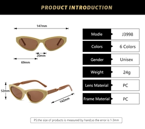 Detailed size chart for Y2K cat eye sunglasses showing dimensions and PC material specs