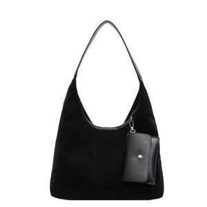 Minimalist black faux suede crescent hobo shoulder bag with detachable mini pouch