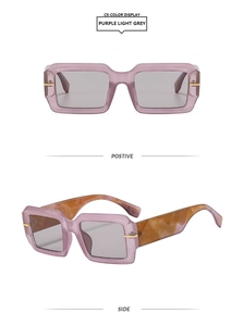 Detail view of purple rectangle sunglasses with tortoiseshell temples and light grey lenses