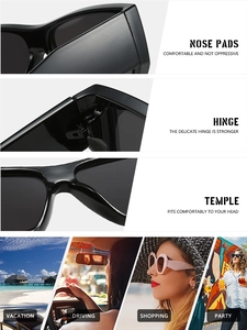 Detail of square frame sunglasses showing metal hinges, nose pads and wide temples