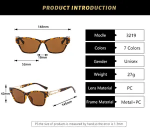 Detailed size chart for square rhinestone sunglasses with specific frame dimensions