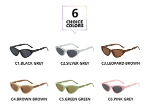 Detailed grid showing 6 stylish Y2K cat-eye sunglasses colors with wavy temple design