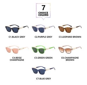 Detailed grid showing seven trendy square sunglasses in various colors with gold metal temples