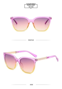 Detail of square cat-eye sunglasses with purple gradient lenses and pearl-encrusted temples