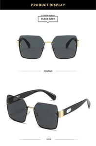Front and side views of square semi-rimless sunglasses with gold metal bridge and dark lenses