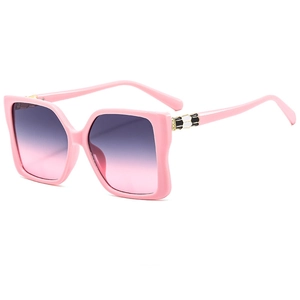 Fashionable oversized square pink frame sunglasses with blue-pink gradient lenses