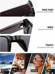 Detail view of square sunglasses featuring wide temples and reinforced metal hinges