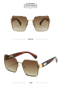 Detail view of leopard brown square sunglasses with golden metal semi-rimless frames