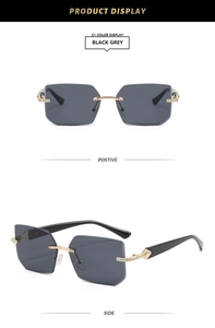 Vue détaillée des lunettes de soleil carrées Y2K sans monture avec strass et verres gris