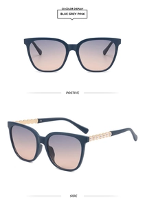 Fashionable square sunglasses with matte blue frames and pearl-embellished side temples