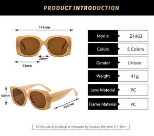 Detailed size specifications for square frame sunglasses with quilted texture temples