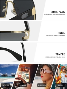 Detail of square semi-rimless sunglasses with metal hinges, nose pads and curved temples