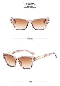 Detail of champagne brown square sunglasses with gradient lenses and gold metal temples